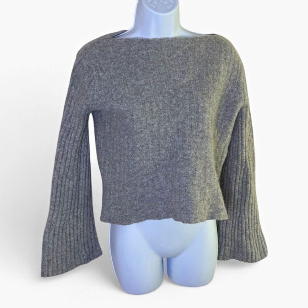J.Crew Ribbed Boatneck Flared Bell Sleeve Lambswool Knit Crop Sweater Gray Sz S